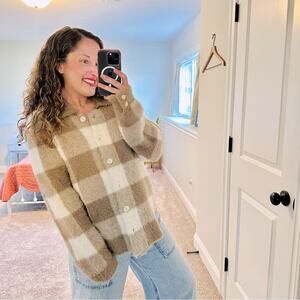 Anthropologie Bella Dahl Tan White Checkered Fuzzy Soft Collared Sweater Medium